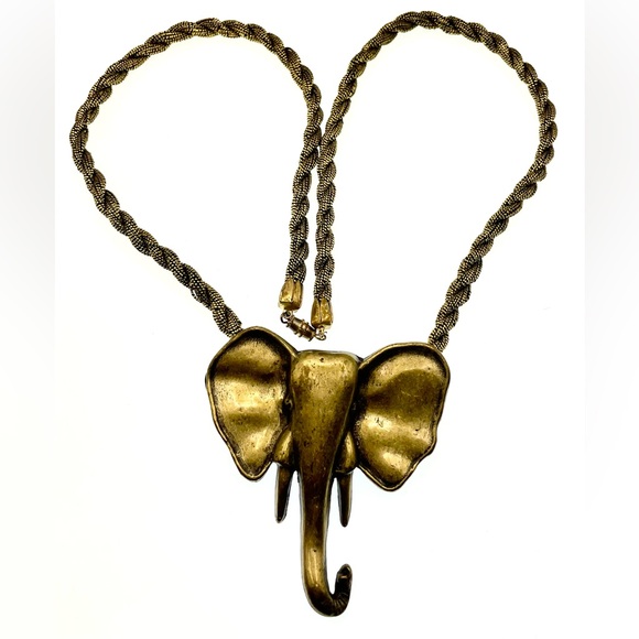 Vintage Large Brass Elephant Pendant on Black and Gold Cord Necklace Boho - Picture 3 of 8